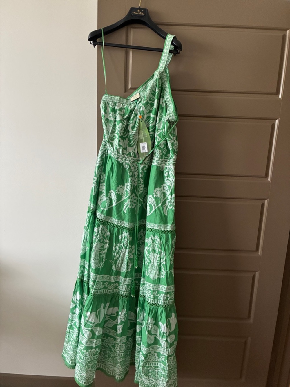 FARM Rio Green and White One-Shoulder Maxi Dress